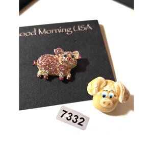 Good Morning USA Rhinestone Pig Brooch & Ceramic Dog Magnet Set